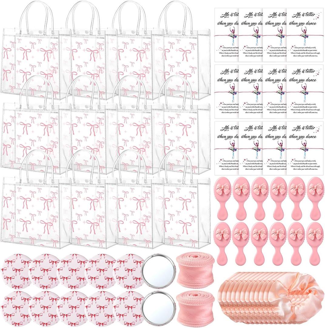 12 Sets Pink Ballerina Party Favors Dance Graduation Gifts Bulk Dance Birthday Party Supplies with Scrunchies Hair Brush Card Compact Mirror Bracelet Bags Ballerina Team Gifts for Women