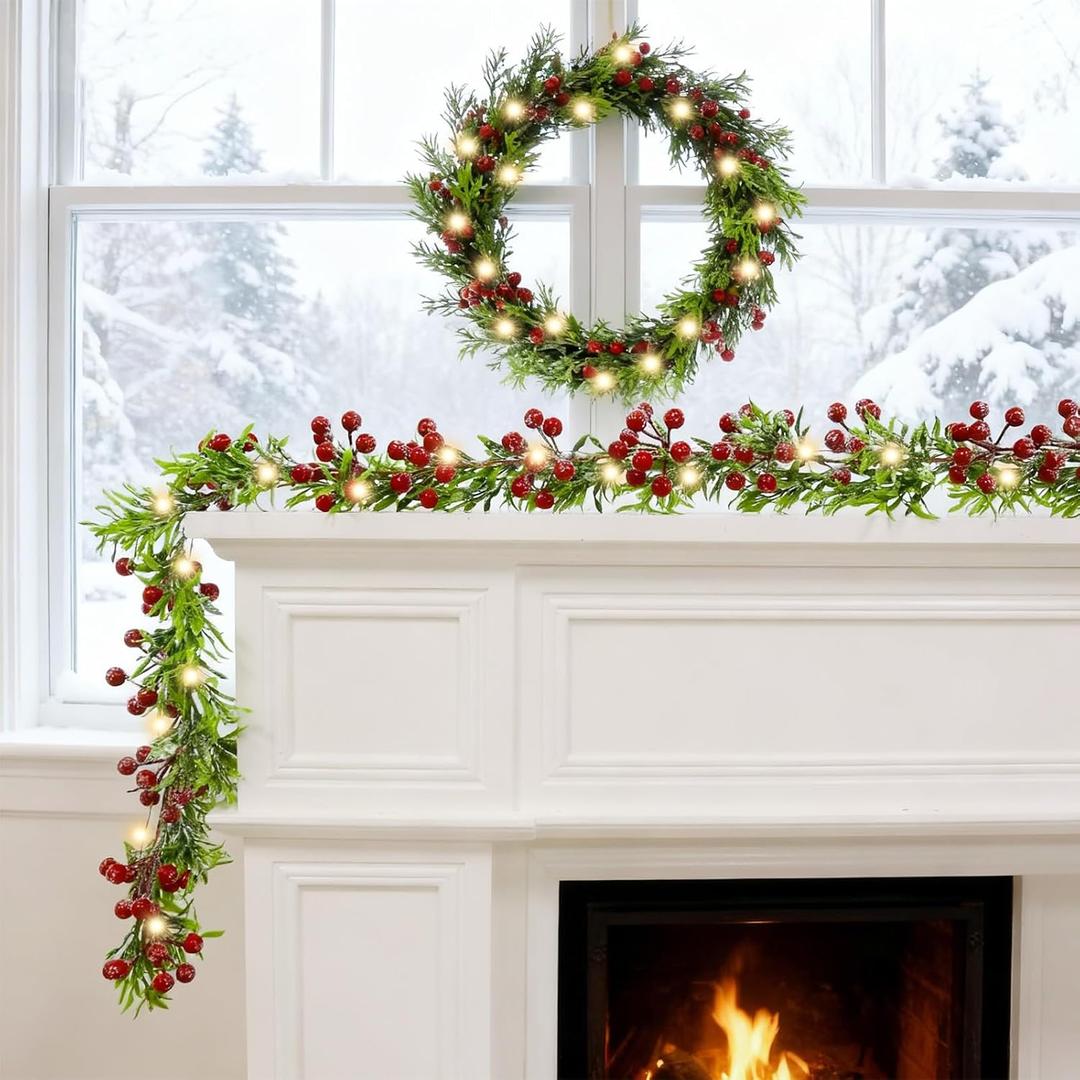 Joyhalo 2 Pack 5.9FT Snow Christmas Garland with Lights Battery Operated, Olive Garland with Red Berries Christmas Decorations Prelit Garland for Indoor Outdoor Fireplace, Staircase and Mantel Decor