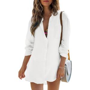 Womens Beach Cover Up Button Down Shirts Summer Cotton Gauze Tops Long Sleeve Bikini Swimsuit (White, S)