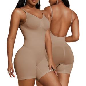 PAUKEE Women's Backless Shapewear Bodysuit Tummy control Shorts Seamless Body Shaper Light Body Sculpting (Medium, Beige)