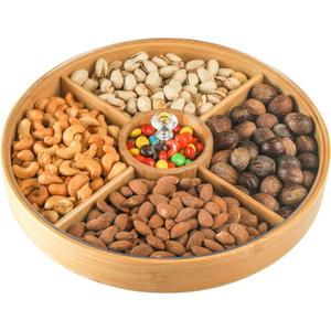 Hedume Bamboo Nuts Storage Platter Tray, Food Serving Tray with 5 Dining Grids, 12 Inches Dessert Fruit Veggie Food Serve Plate Tray for Party, Family Dinner, Holiday and Home Warming