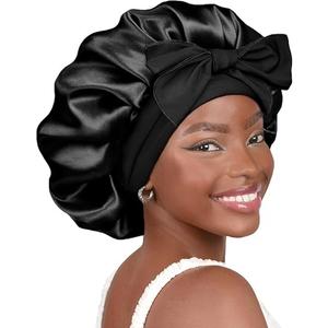 Silk Bonnet for Women, Satin Bonnet for Sleeping, Large Sleep Cap with Elastic Tie Band for Curly Hair, Black