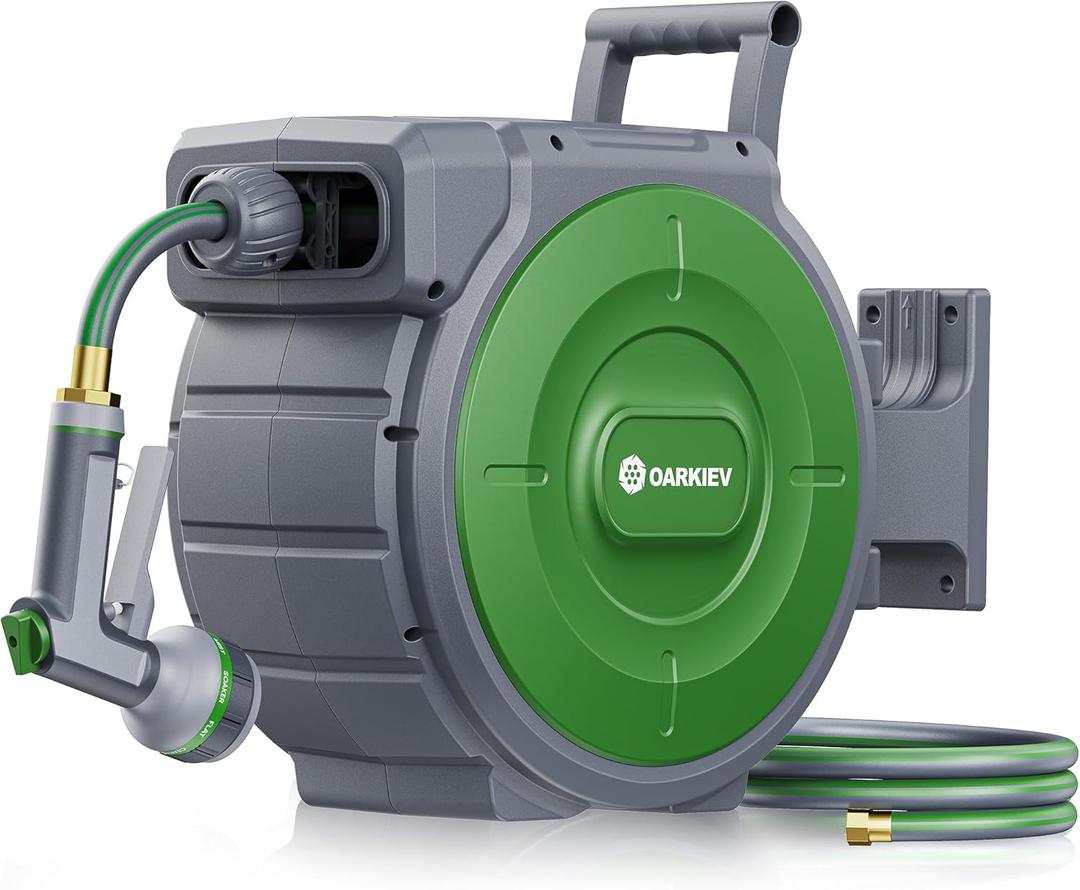 Garden Retractable Hose Reel, 5/8 Inch x 85 ft Wall Mounted Garden Hose Reel with Any Length Lock, Upgraded Slow Return System and 180Swivel Bracket