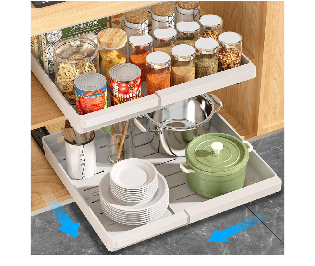 2 Pack Pull Out Cabinet Organizers Expandable, Plastic Slide Out Drawers for Kitchen, Bathroom, Pantry, Under Sink Storage, Pull Out Drawers Fixed with Adhesive Nano Film (White, 11.6''-17.5'')