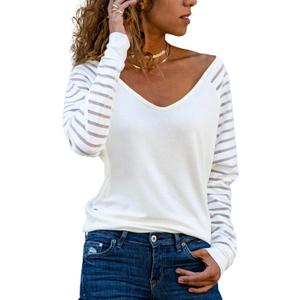 AISEW Womens Long/Short Sleeve V Neck T-Shirt Striped Sheer Mesh Raglan Tees Loose Casual Tops (White, M)