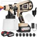Paint Sprayer, 650W Spray Paint Gun with Battery 2  4.0mAh & 1400ML Container, Easy to Clean & Setup, Electric Paint Sprayer for House Painting Graffiti Wall Fence Furniture DIY Projects (Brown)