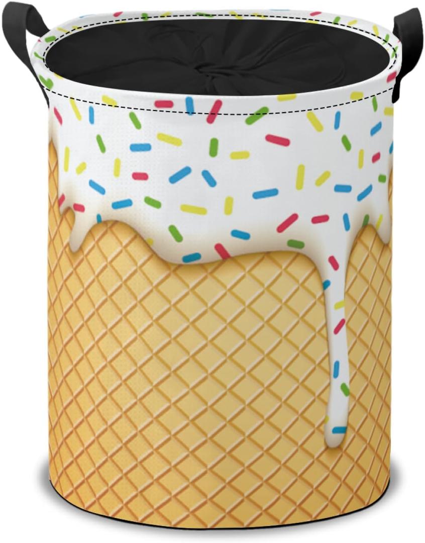 White Ice Cream Laundry Hamper Basket, Waffle Cone Collapsible Portable Laundry Bag, Storage Bins Toys Storage Gifts Basket, Bedroom Home Nursery Decor for Baby Girl Women