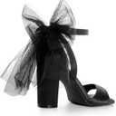 Bow Heels for Women Square Toe Chunky Heel Wedding Shoes (Black)