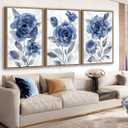 Large Framed Canvas Wall Art - Natural Float Framed Modern Indigo Flowers Pictures Decor Dark Blue Floral Grey Leaves Artwork for Bedroom Living Room Kitchen Home Office Decoration 48" X 24" Set of 3