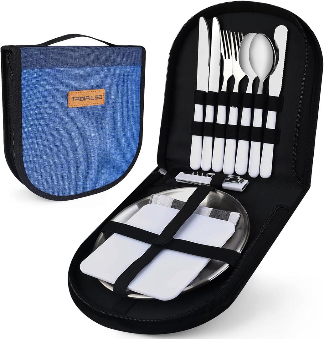 Camping Mess Kit,12 Piece Silverware Kit Cutlery Organizer Utensil Picnic Set, Stainless Steel Plate Spoon Fork Serrated & Butter Knife Wine Opener NapkinCamp Kitchen & Hiking