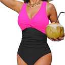 Holipick Women Tummy Control One Piece Swimsuit - Push Up Bathing Suit Full Coverage Slimming Swimwear Size XXL, Hot Pink and Black