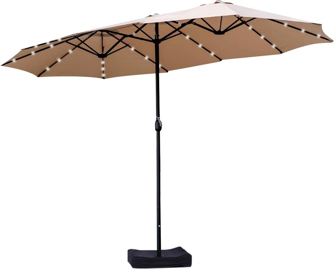15ft Double Sided Patio Umbrella with Solar Lights, Outdoor Large Umbrellas with Crank Handle and 36 LED Lights, Rectangular Market Umbrella with Base Included for Deck Pool Shade (With Base) (Begie)