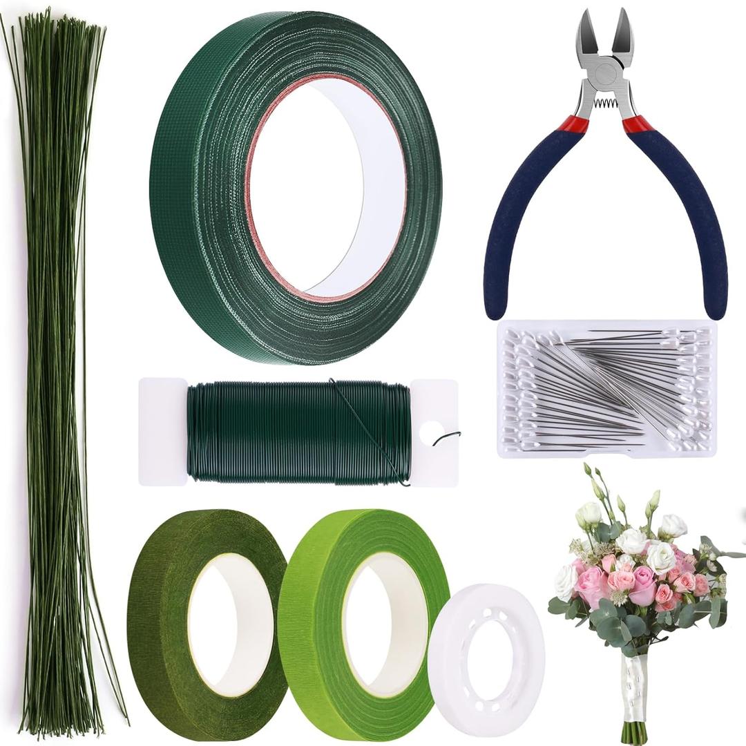 GLAMFIELDS Floral Arrangement Kit with Floral Tape, 26 Gauge Floral Stem Wire, 22 Gauge Floral Wire, Cutter, Boutonniere Flower pin for Bouquet Stem Wrapping, Floral Crafts and Wedding Bridal Bouquets (Green-8set)