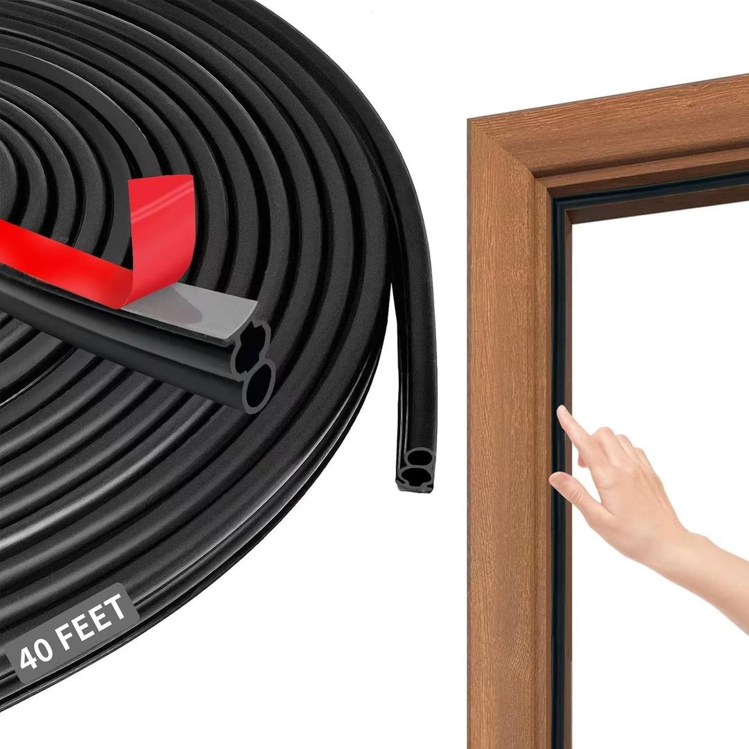 40FT Rubber Weather Stripping Door Seal, Self Adhesive Extra Thick D-Shaped Door Insulation Strip for Large Gap, Block Drafts, Noise Reduction, Door Soundproofing Strip(Black)
