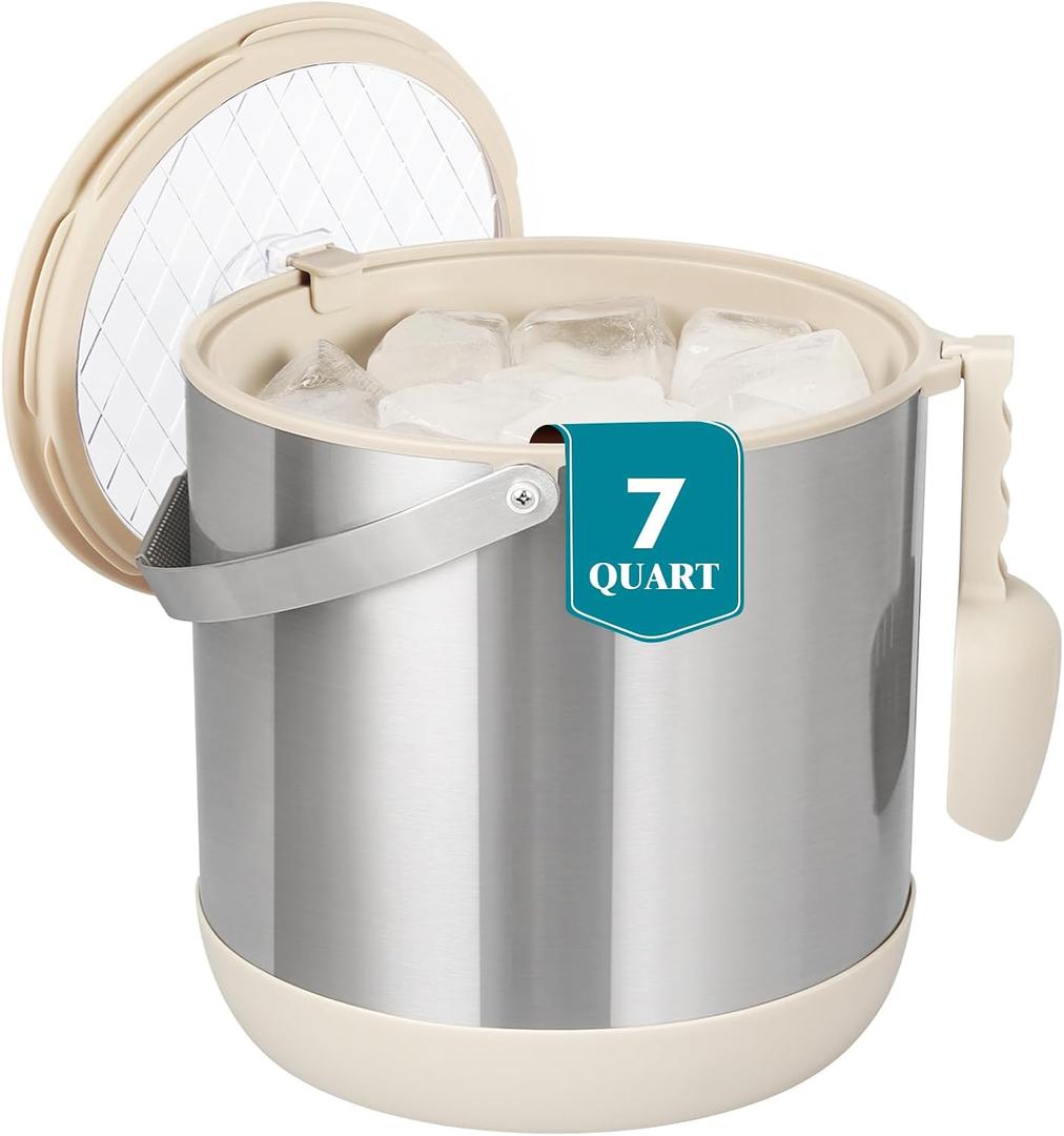 6.8L/7QT Insulated Ice Bucket with Lid & Scoop,Double-Wall Ice Bucket for Parties,Cocktail Bar(White)