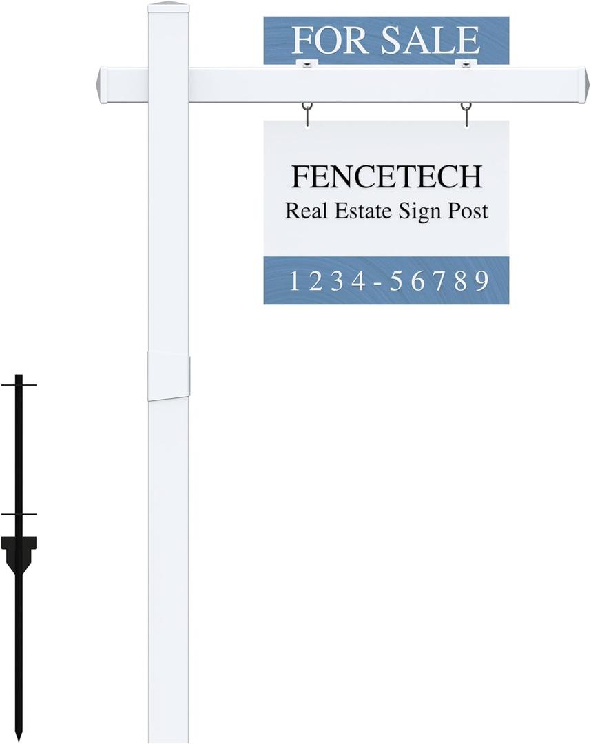 Vinyl PVC Real Estate Sign Post 6' Tall, Realtor Yard Sign Post (Connected type), 47" Arm Holds Up to 36" Sign - White (No Sign)