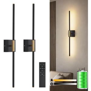 Battery Operated LED Wall Sconces Set of 2, 3000K-6000K Dimmable Rechargeable Wall Sconces with Remote 360Rotate Black Gold Wireless Wall Lights for Living Room Hallway Bedroom 24 Inch 2 Pack