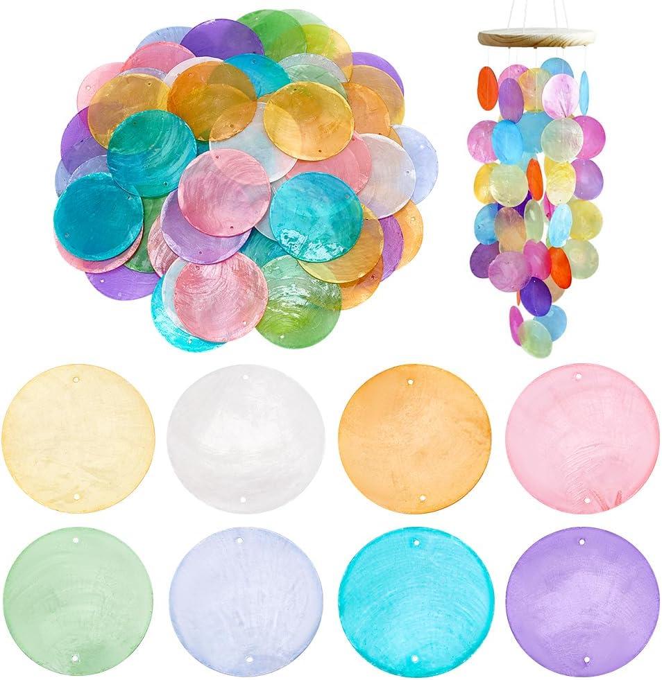 PH PandaHall 2 Inch Round Shells Pieces, 80pcs 8 Colors Round Slice Capiz Shell Discs Sea Shells Coin Bead Connector with 1.5mm Double Hole for Wind Chimes Curtain Lamp Shade Craft Jewelry Making