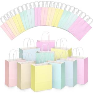 Skyygemm 32 Pcs Paper Gift Bags Bulk with Handle, 6.3 x 3.2 x 8.6 Inch Assorted Colors Kraft Goodie Candy Treat Gift Wrap Bags for Carnival Valentine Birthday Party Favor(Pastel Color)