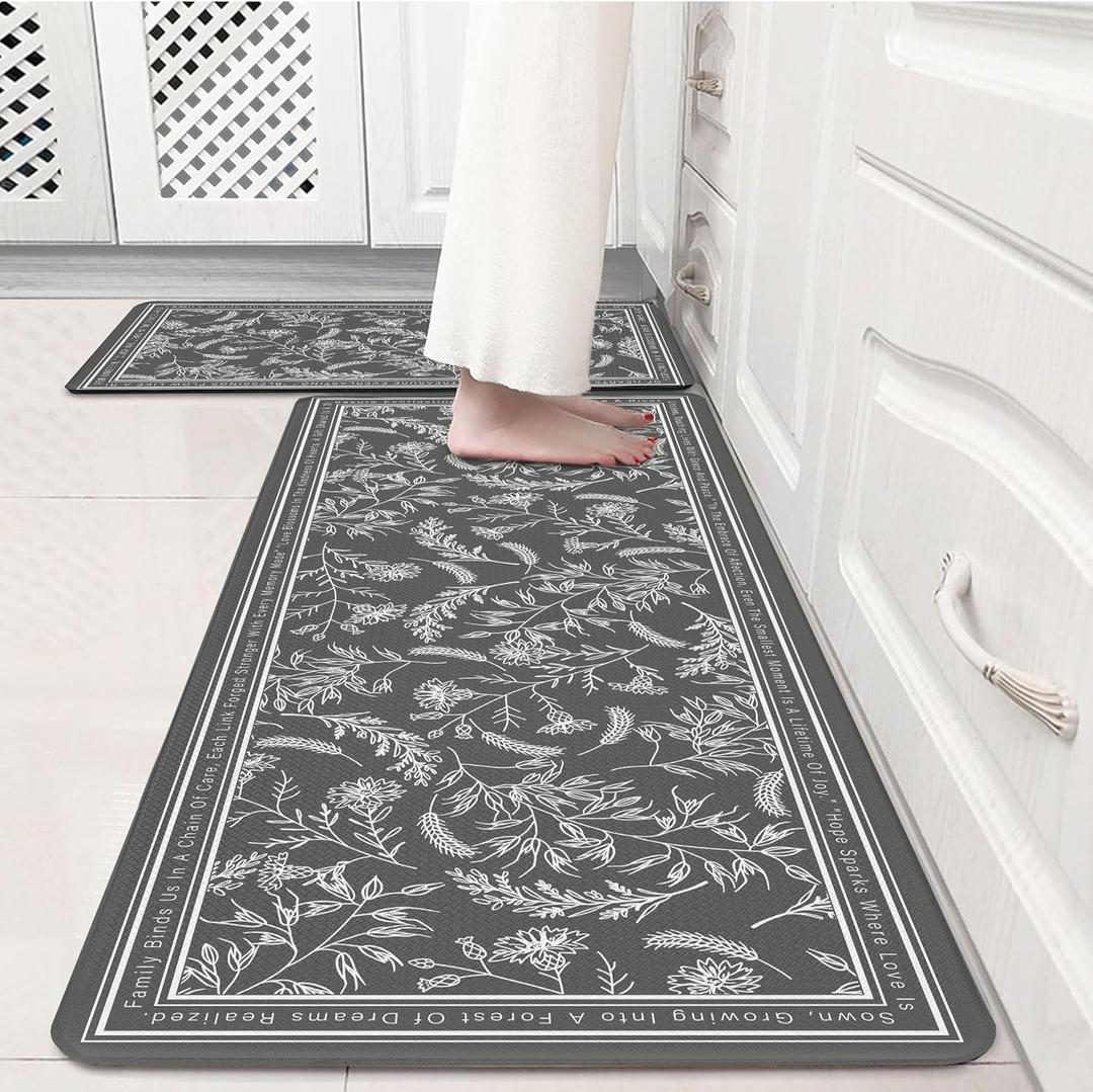 Grey Minimalist Line Art Herb Leaves Kitchen Rug Sets [2 PCs], Anti-Fatigue, Waterproof Non-Slip Kitchen Mats Heavy Duty Comfort Foam Rug for Kitchen, Floor, Laundry,17"x29"+17"x47"