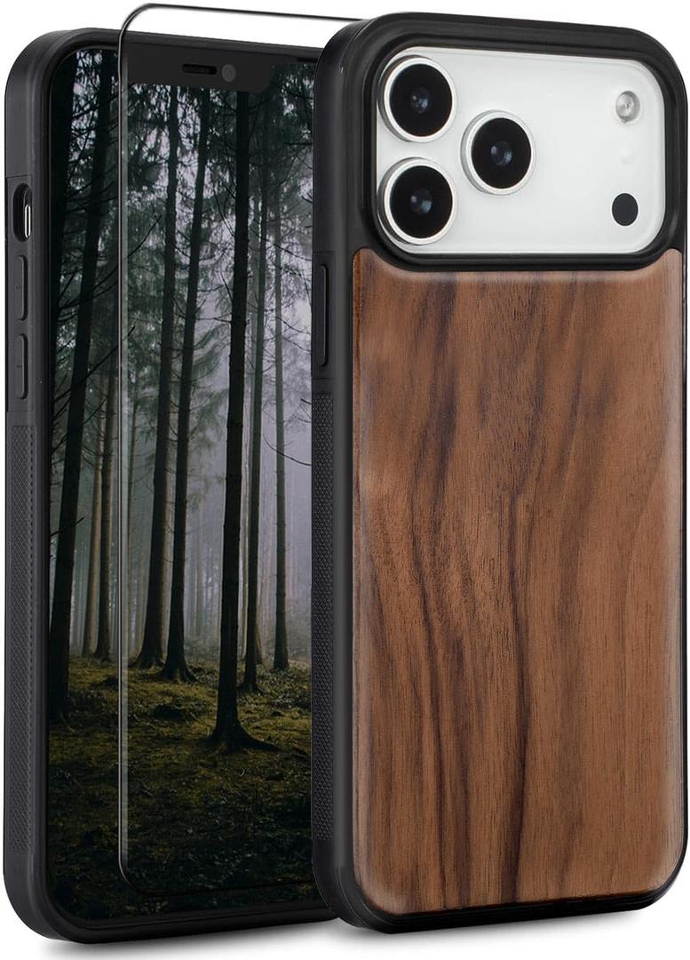 Wood Case for iPhone iPhone 17 Pro Max - Real Natural Wood,- Slim Shockproof Hybrid Wooden Cover (Walnut, iPhone 17 Pro Max)