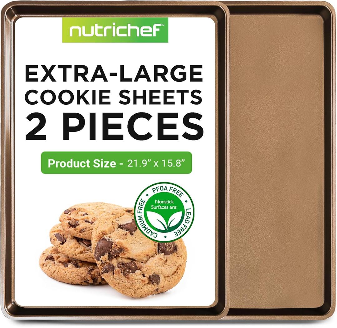 NutriChef 2-Piece Nonstick XL Cookie Sheets for Baking - 22" x 16" Stackable Extra Large Baking Sheet - Carbon Steel Baking Pans, PFOA, PFOS, PTFE Free- NCLGBP28 (Gold)