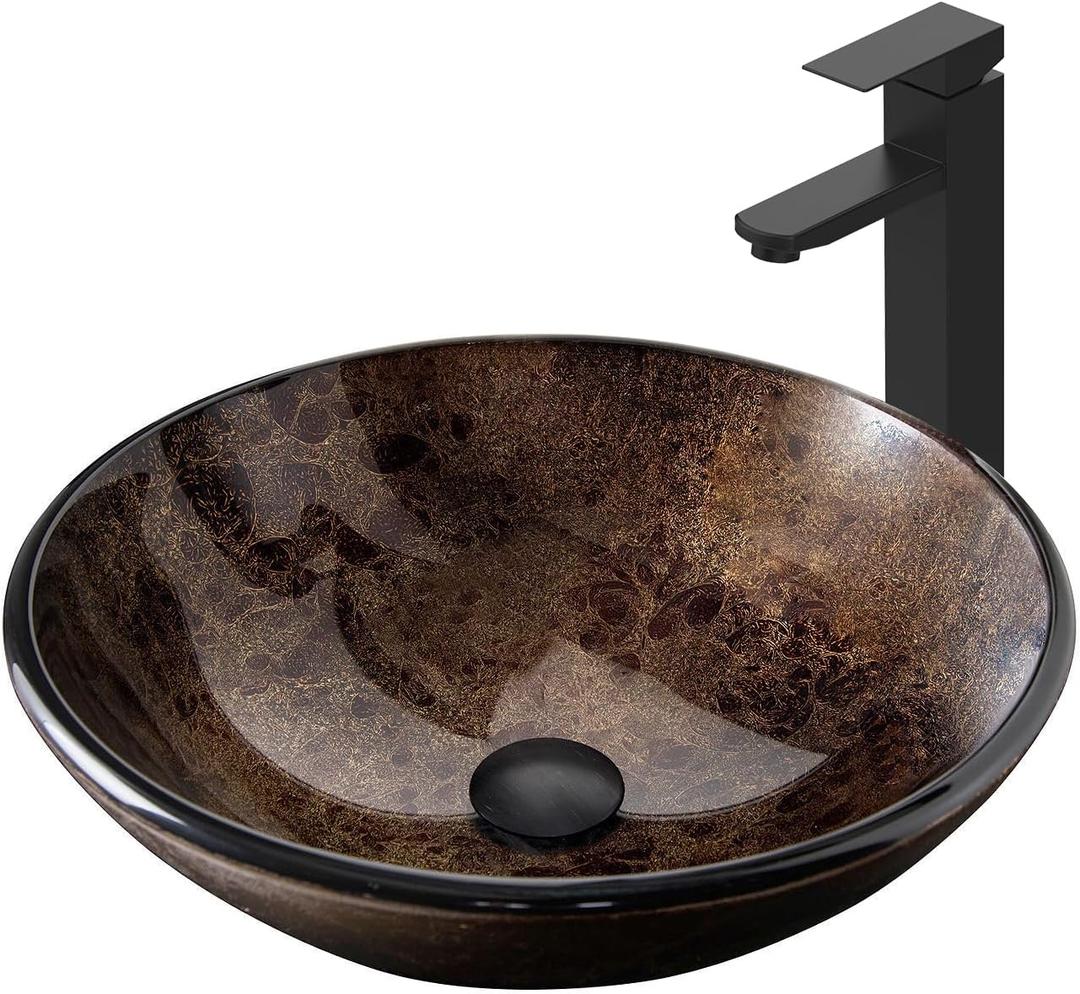 Bathroom Artistic Vessel Sink, Tempered Glass Vanity Round Bowl with Black Faucet and Pop up drain Set, Brown