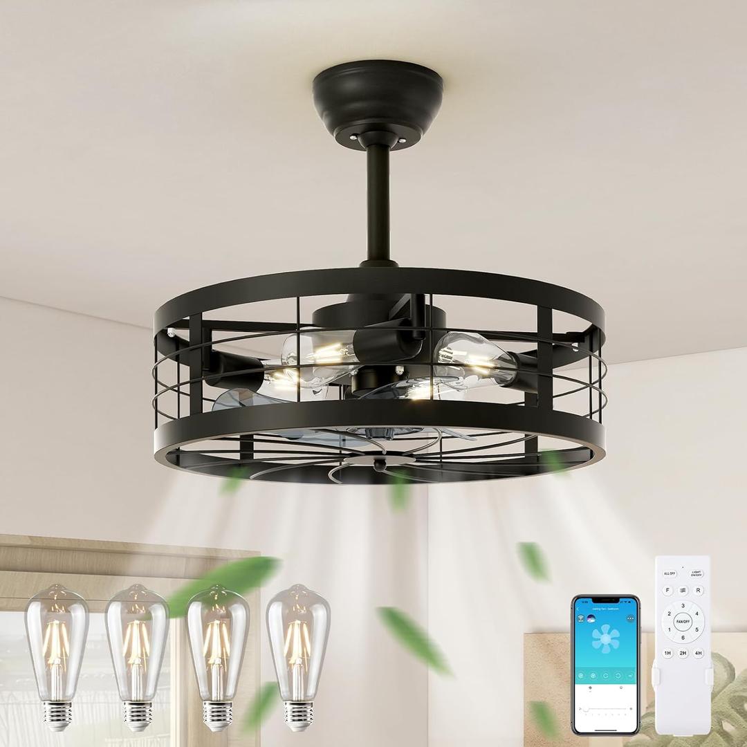 VOLISUN Caged Fandelier with Light and Remote, 19.7in Black Bladeless Ceiling Fan Lights Fixtures for Kitchen, Bedroom (4 * 4000K Bulbs Included) (19.7 INCH, Include 4000K Bulbs)