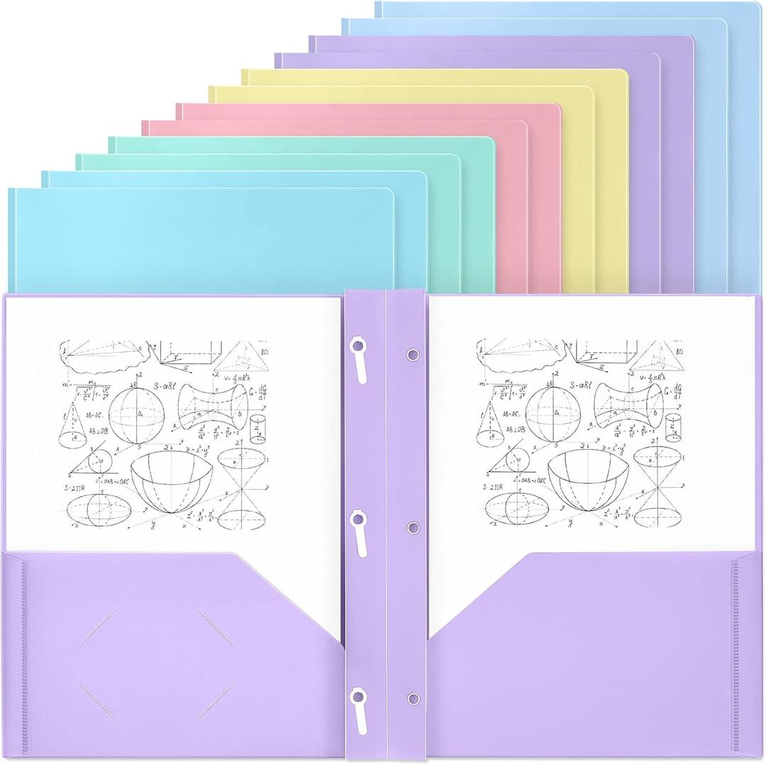 Yeaqee 12 Pcs Plastic Folders with Pockets and Prong Plastic Folders with 2 Pockets Pocket for Office, School for Students, Teachers, Office Workers (Pastel)