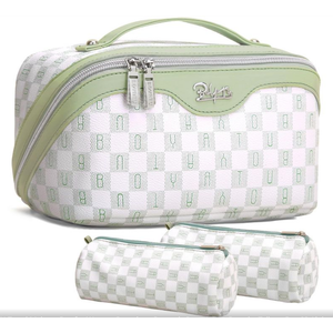 BOYATU Travel Makeup Bag for Women: Large Cosmetic Bag Set of 3 - PU Leather Make up Bag with Compartments - Compact Waterproof Toiletry Bag with Divider & Handle (Green)