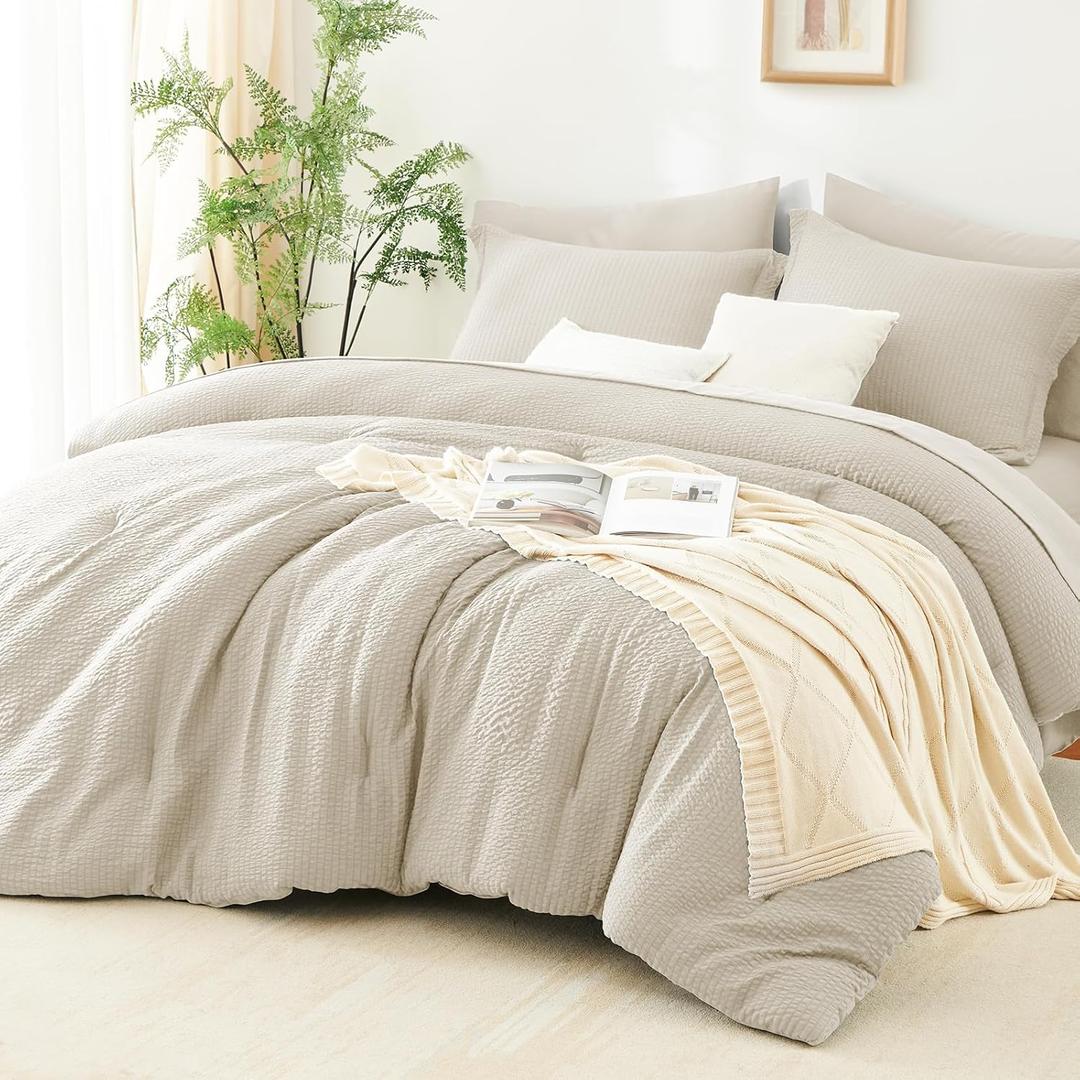 CozyLux Queen Comforter Set Beige - 7 Pieces Striped Seersucker Bed in a Bag, Soft Lightweight Boho Bedding Set with All Season Comforters Queen Size, Sheets, Pillowcases & Shams