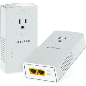 NETGEAR Powerline Adapter Kit, 2000 Mbps Wall-Plug, 2 Gigabit Ethernet Ports with Passthrough + Extra Outlet (PLP2000-100PAS), uses Your existing Internet Service via Household Wiring