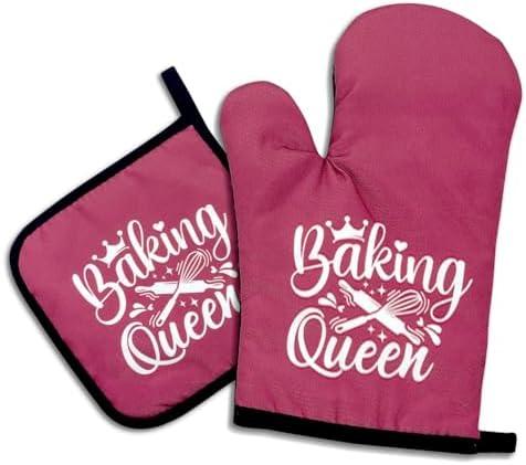 DLTRXMY, Baking Queen, Funny Oven Mitts and Pot Holders, Silicone Non-Slip Oven Mitts, Kitchen Gift for Women, Bake Lover Gift, Housewarming Gift Ideas