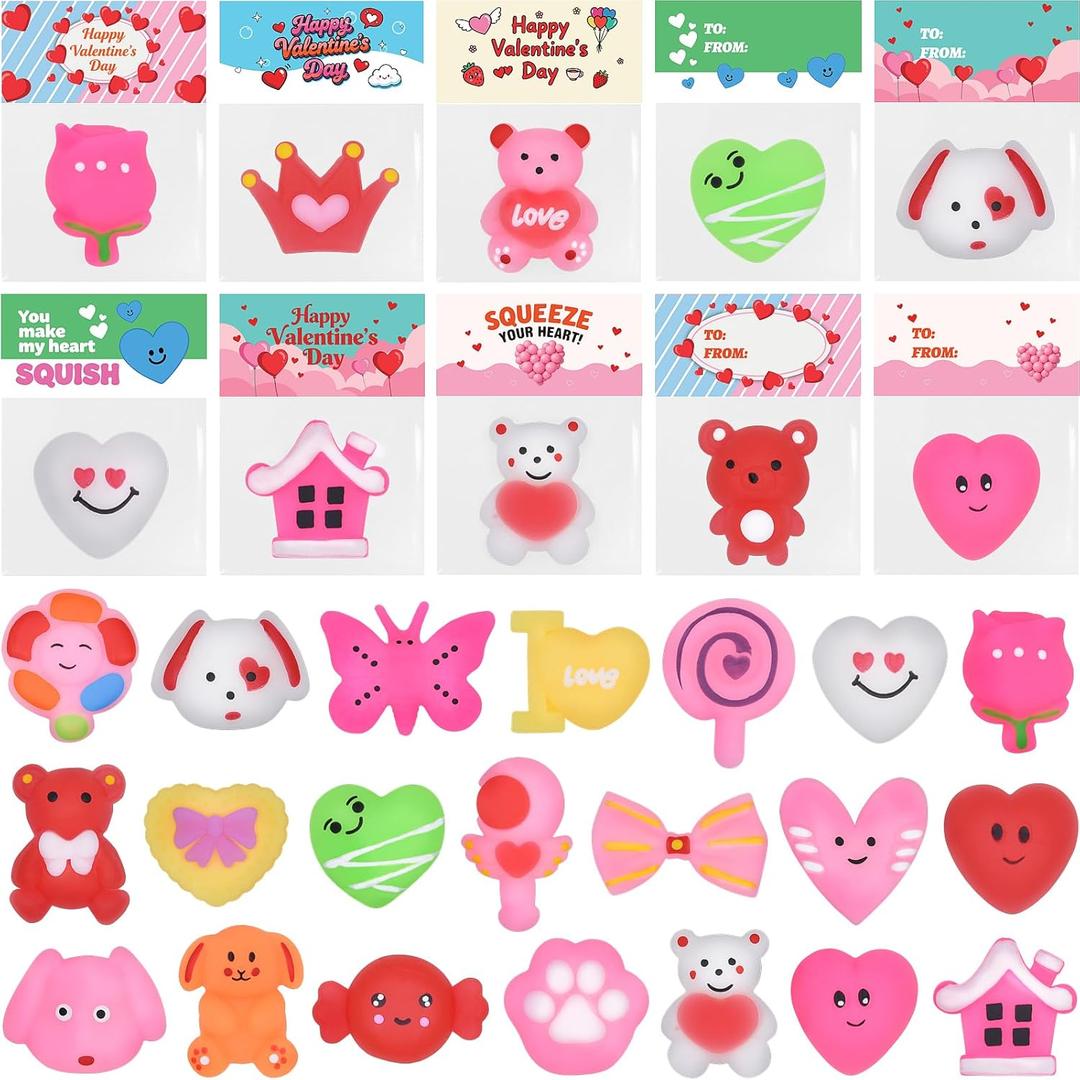 24 Pack Valentines Cards with Mochi Squishy Toys Squeeze Squishies Toys for Kids Girls Boys School Classroom Valentines Day Gift Exchange Party Favors