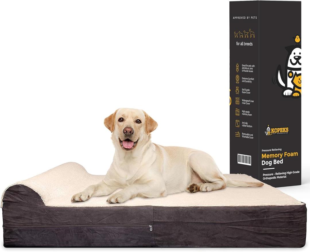 KOPEKS Jumbo Orthopedic Dog Bed - 7-inch Thick Memory Foam Pet Bed with Pillow with Removable Cover & Free Waterproof Liner - for Large Breed Dogs, XL, Brown-Plush Top (50.0"L x 34.0"W x 10.0"Th, Brown-Plush Top)