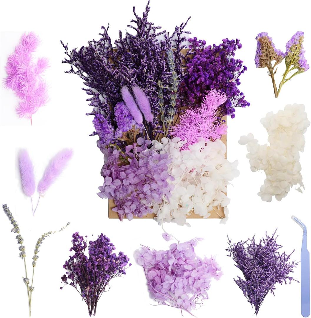 Real Dried Flowers, Natural Dry Flowers,Mixed Natural Pressed Dried Flowers,Real Dry Florals for Resin Crafts, Candle Making, DIY Art Projects(Purple)
