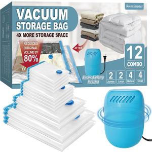 Vacuum Storage Bags with Electric Pump, 12 Combo (2Jumbo/2Large/4Medium/4Small) Space Saver Bags Vacuum Seal Bags with Pump, Space Bags, Vacuum Sealer Bags for Clothes, Comforters, Blankets, Bedding (With Blue Electric Pump)