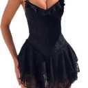 BNGD WWomen's Solid Color Sexy Halter Dress Slim Ruffle Lace A Swing Dresses (Medium Petite, Black)