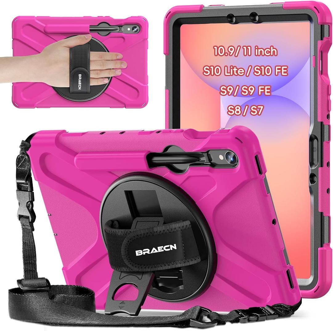 BRAECNstock Tablet Case for Samsung Galaxy Tab S10 Lite/S10 FE/S9 FE 5G 10.9" & S9/S8/S7 11", Heavy Duty Shockproof Cover with Pen Holder, 360 Rotating Hand Strap & Kickstand, Shoulder Strap, RoseRed