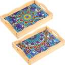 2 Pcs Mandala DIY Diamond Painting Wooden Serving Tray With Handle - Decorative Handmade Art Tray for Adult Dinner, Coffee Table, Party Food, 11.8 x 7.8 Inches