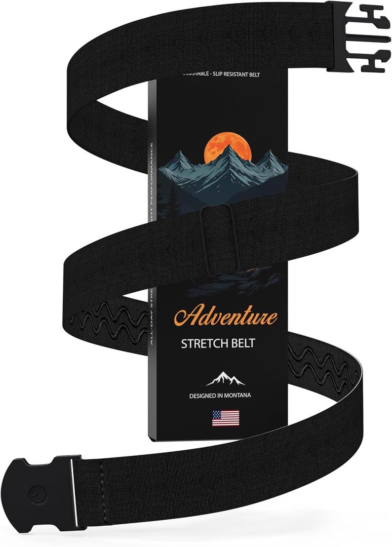 ONE-BELT Unisex Adventure Stretch Belt, 1.30" Width, Non Slip, Travel Friendly Buckle. Designed in USA.