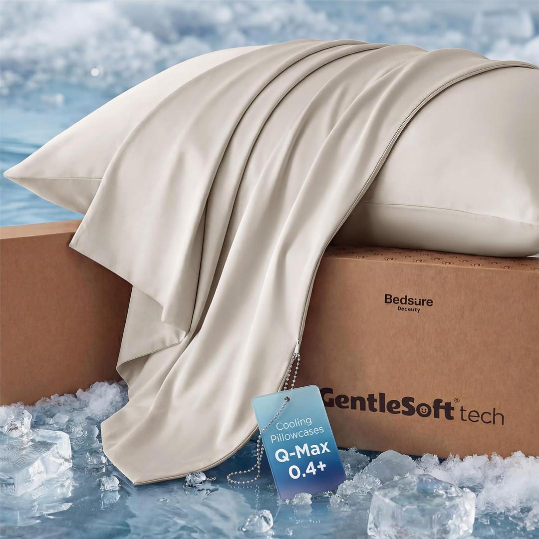 Bedsure Cooling Pillow Cases for Hot Sleepers, Zipper Pillow Cases Standard Size Set of 2, Cool Pillowcases for Night Sweats, Silky Soft & Breathable Cold Pillow Covers, Gift, Beige, 20x30 Inches