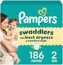 Pampers Swaddlers Diapers, Size 2 (10-22 lbs), 186 Count, Absorbent, Keeps Baby Dry and Comfortable, Skin Safe Disposable Baby Diaper 