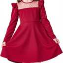 Girls Casual Dress Crew Neck Cute Girls Ruffle Long Sleeve A Line Mesh Party Dress for Kids Teens, Size 9-10 Years Red 