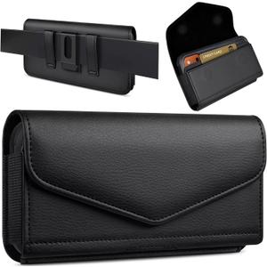 Leather Cell Phone Holster with Card Holder and Belt Clip Protective Case for iPhone Pro Max, Plus 17 16 15 14 13 12 16e, Samsung Galaxy FE, Plus S25 S24 S23 S22, L-Black