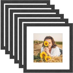 12x12 Picture Frame Rustic Black Wood Set of 6,Display Square Pictures 8x8 with Mat or 12x12 Without Mat,Multi Photo Frames Collage for Wall - Gallery Wall Frame Set