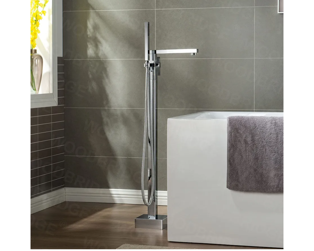 WOODBRIDGE Contemporary Single Handle Floor Mount Freestanding Tub Filler Faucet with Hand Shower in Chrome Finish,F0004CH