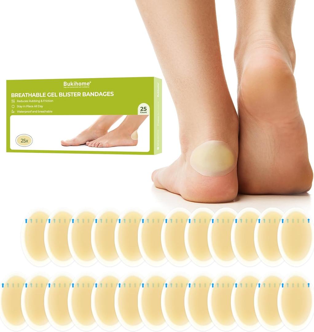 Bukihome Hydrocolloid Gel Blister Bandages - 25ct - Adhesive Blisters Bandages - Waterproof Blister Pads for Heel, Feet, Toe, Fingers - Gel Blister Prevention for Travel,Hiking (Heel Pack)