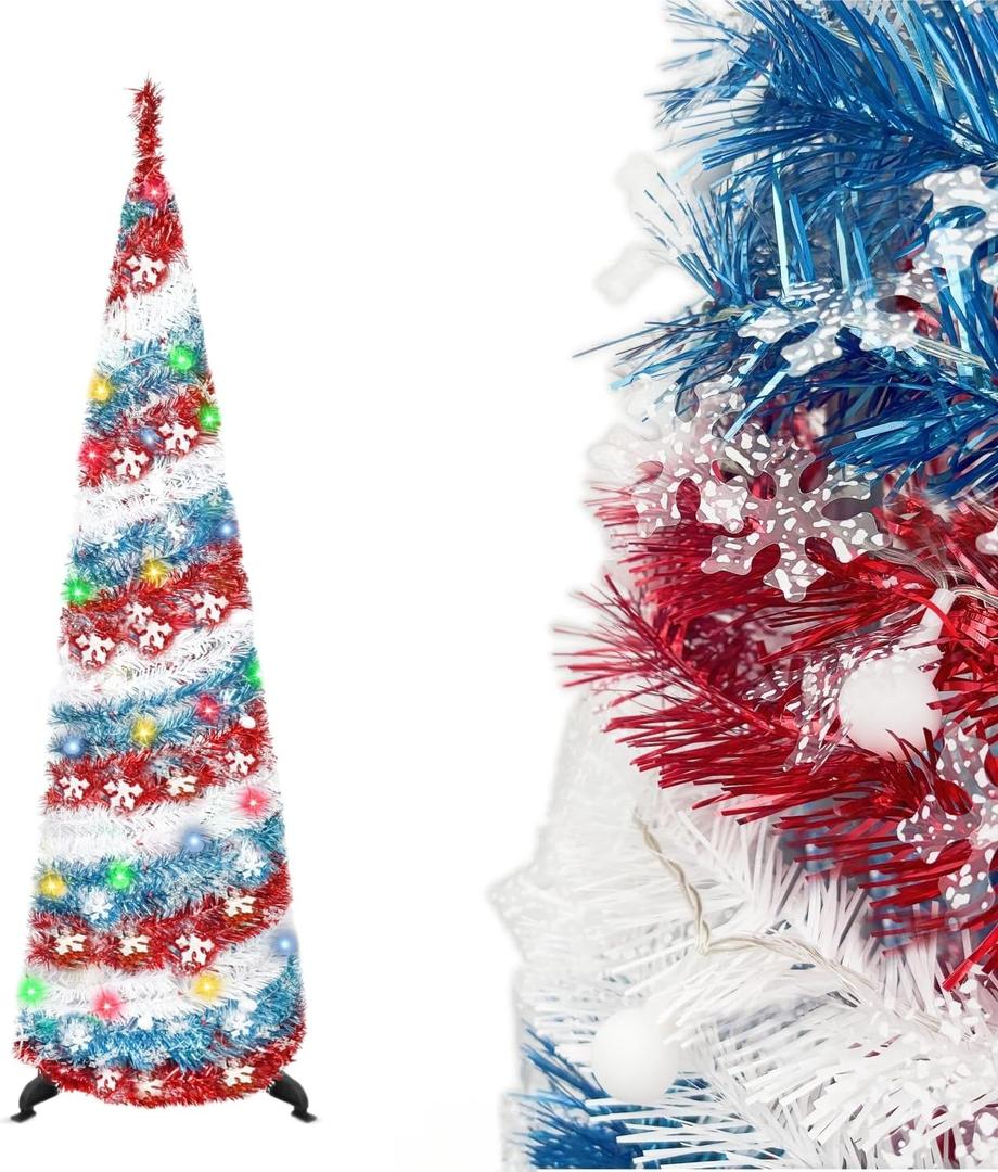 5FT Pop Up Christmas Tree with 5m Multi-Color 50 LED String LightsTinsel Christmas TreeCollapsible Artificial Pencil Tree Xmas Decoration for Home, Office, Party, Easy Assembly (Red,White,Blue)