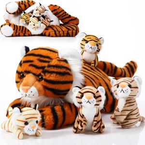 5 Pcs Tiger Stuffed Animals Plush Toy Set 16 Inch Stuffed Mommy Tiger with 4 Baby Cubs in Zippered Belly Cuddly Plushies for Kids Boys Girls Valentine New Year Easter Forest Birthday Party(Cute)